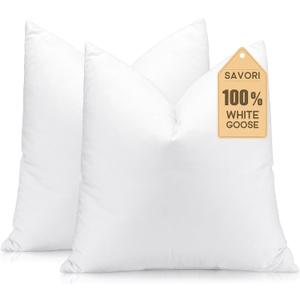 SAVORI Set of 2 Down and Feather Throw Pillow Inserts 18x18 Soft Fluffy Pillow Inserts with 100% Down-Proof Cotton Cover, Decorative Square Cushion Inner for Sofa Couch Bed-White