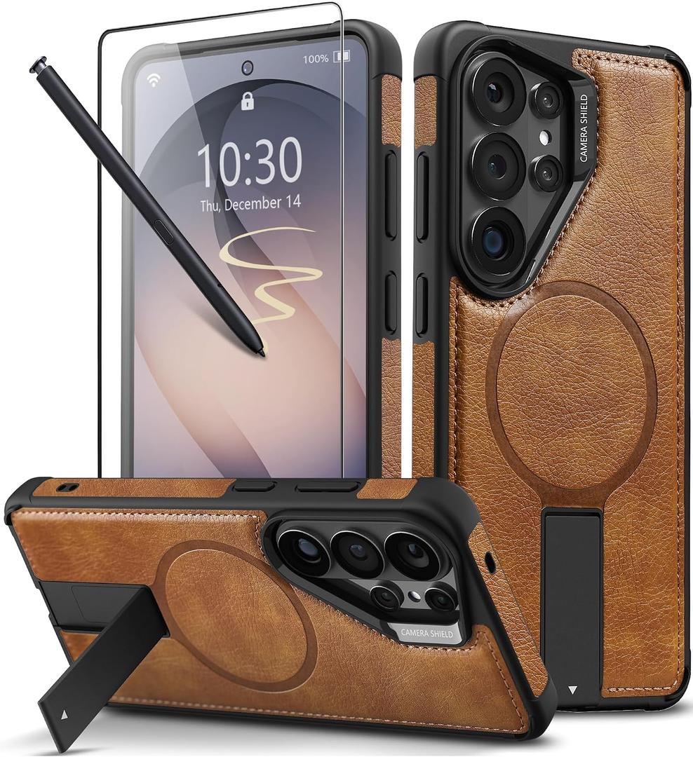 Strong Magnetic for Samsung Galaxy S26 Ultra Case Leather,[Compatible with MagSafe], Adjustable Kickstand, Shockproof Protective Cover for Samsung S26 Ultra (Brown)