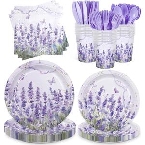 168pcs Purple Lavender Floral Paper Plates Napkins Disposable Tableware Butterfly Flower Party Supplies for Birthday Wedding Baby Shower Serve 24 Guests
