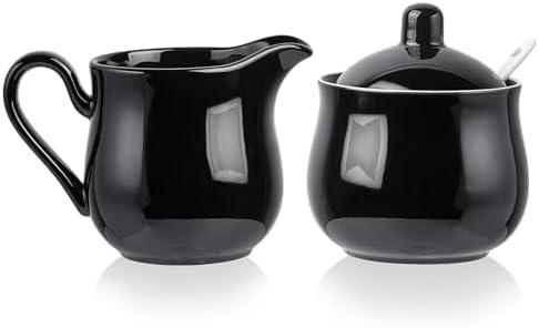 CHILDIKE 12 OZ Ceramic Sugar and Creamer Set, Coffee Serving Set, 3 Piece Cream Pitcher Sugar Bowl with Lid and Spoon (Black)