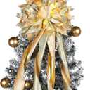 Willbond Velvet Christmas Tree Topper Bow 11.8 x 44.5 Inches Large Christmas Bow with Gold Glitter Streamer and Light String for Xmas Tree Christmas Home Decoration (Champagne)