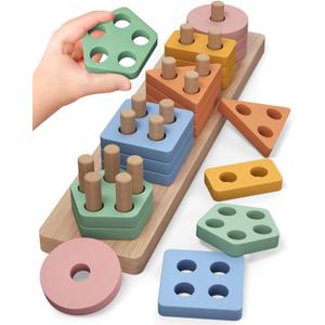 PEBIRA Montessori Toys for 1 2 Year Old, Wooden Sorting and Stacking Toys for Toddlers, Baby Shape Sorter and Color Stacker Blocks for Toddler, Preschool Learning Toy, Gift for 12-18 Month Boys Girls