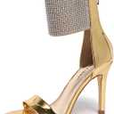 Women's High Heel Sandals Open Toe Ankle Tie Dressy Heeled Sandals for Prom, Party, Evening Events, 3.93 Inch Comfortable Thin Block Heels (Gold, L)