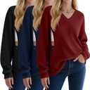 3 Pack Women's Oversized Nursing Tops Waffle Knit V Neck Breastfeeding Long Sleeve Shirts Hidden Zipper Sweatshirt (X-Large, Wine Red, Navy Blue, Black)
