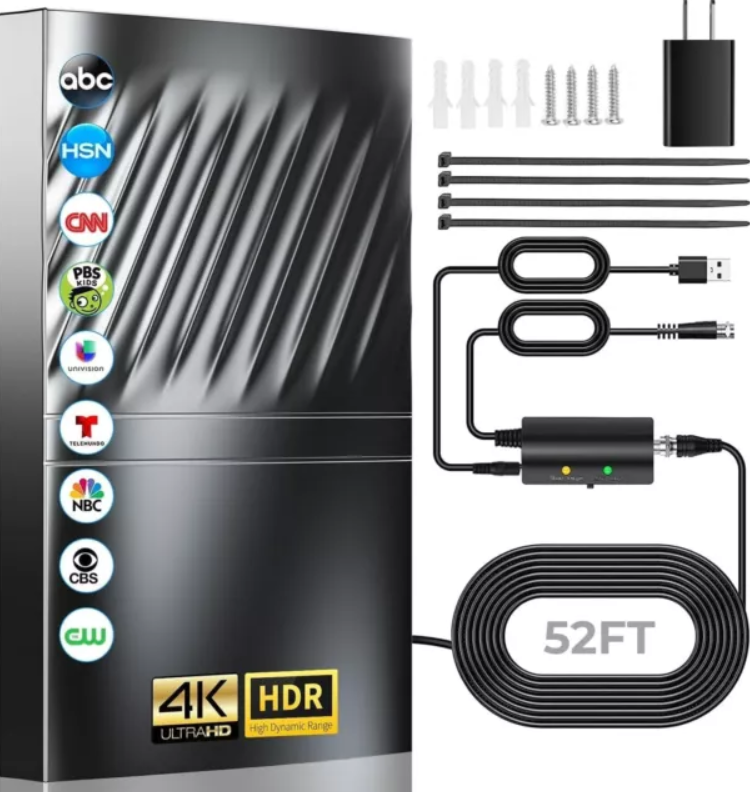  3000+ Miles Range TV Antenna-2025 Upgraded Digital Antenna for Smart TV Indoor/Outdoor-HD Antenna for Local Channels with Amplifier and Signal Booster-52ft Coax HDTV Cable/AC Adapter
