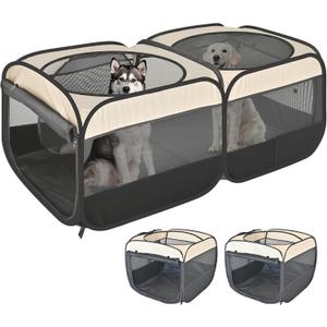 2-in-1 Pop Up Puppy Playpen, Detachable into 2 Separate Pens with Additional Doors, Assembly-Free Portable Cat Dog Crates Pet Pen Tent Kennel Kitten Enclosure Cage Indoor Outdoor Foldable Condo(L) (L, 73.3"L x 37.5"W x 32"H)