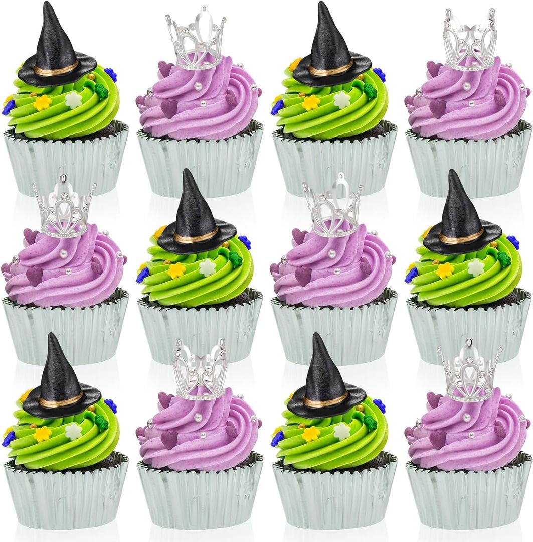 Geelin 12 Pcs Witch Hat and Crown Cake Topper Halloween Cupcake Toppers Dessert Food Safe Cake Decorations for Halloween Princess Theme Birthday Party Favors Supplies