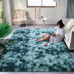 DweIke Fluffy Peacock Blue Rugs for Bedroom Living Room, 4x6 Feet Soft Plush Shaggy Tie-Dyed Teal Blue Girls Boys Kids Rug, Upgraded Non-Slip and Machine Washable Carpet for Dorm Nursery Decor