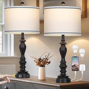 Cinyirong 27.5" Farmhouse Table Lamp for Living Room, Black Lamps Set of 2 with USB A+C Ports, Mid Century Tall Table Lamp for Bedroom, Bedside Lamps for Night Stands(2 Bulbs Included)