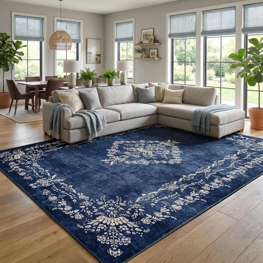 FlyDOIT 8x10 Large Area Rugs for Living Room, Navy Blue Washable Floral Vintage Boho Rug, Non-Slip Soft Low Pile Indoor Throw Carpet for Bedroom Dining Room Entryway College Dorm Office Decor