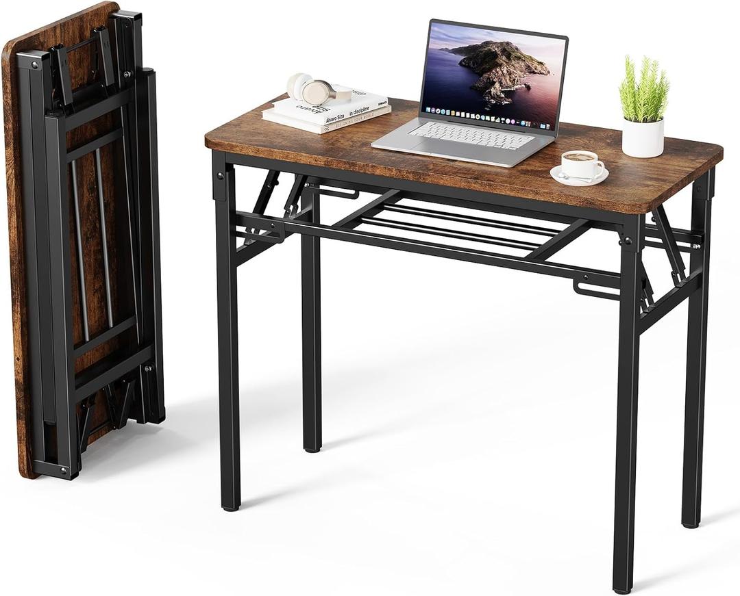 BYMECOST 31.5" Folding Desk, No Assembly Computer Desk, Small Foldable Table with Storage Shelf, Study Table for Small Space, Writing Desk Compact Desk for Home Office (Brown, 31.5")
