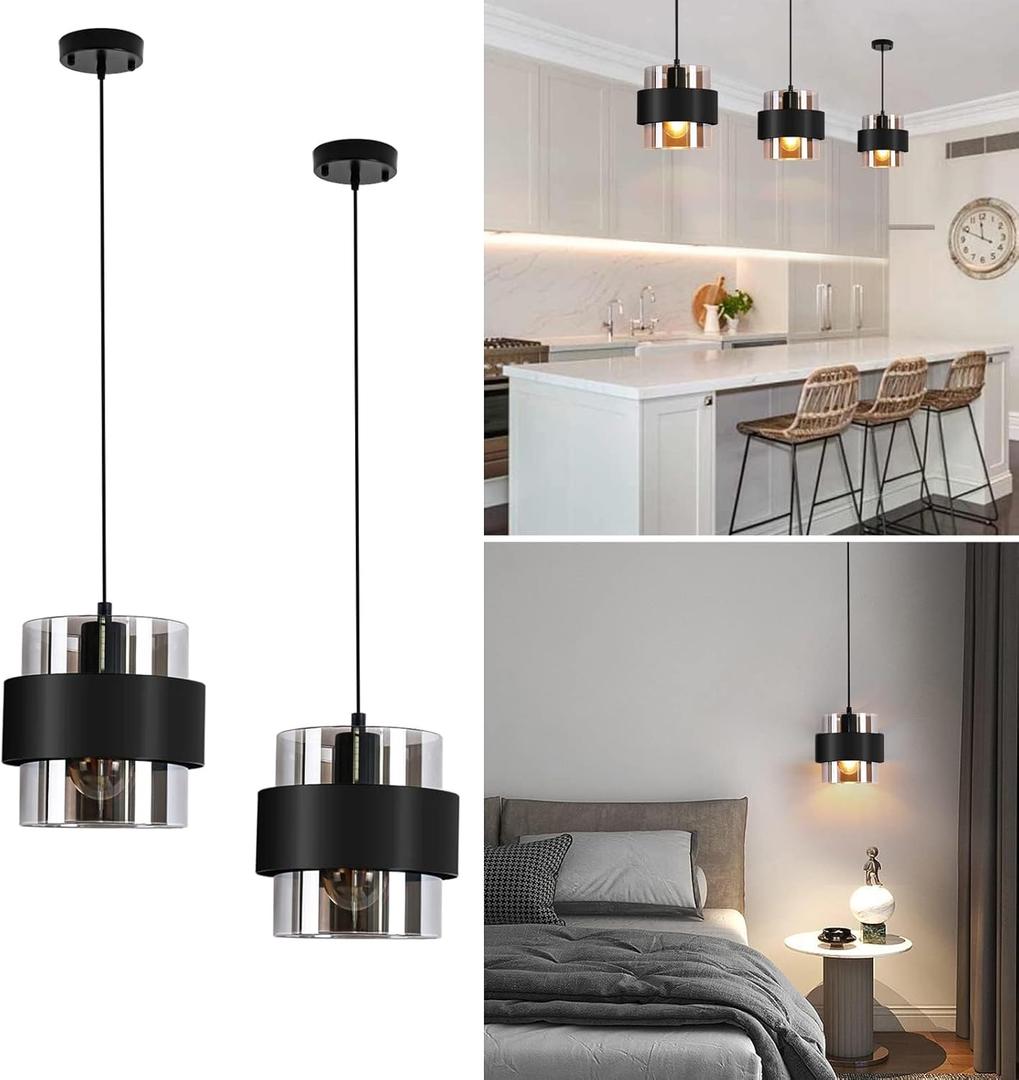 Pendant Lights Kitchen Island Lighting,7 Inch Adjustable Mini Glass Hanging Lights for Entrance Aisle Decorative Lighting Fixture for Dining and Bar Table (2 Pack Matte Black)
