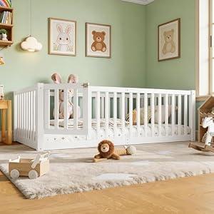 Twin Size Floor Bed with Detachable Door, Wood Kids Floor Bed Twin with Full-length Guardrails, Montessori Floor Bed Frame for Kids, Boys, Girls, Design for Bedroom, Nursery, Childlike Style, White