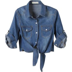 American Trends Women's Denim Shirt 3/4 Sleeve Tie Front Top Knot Chambray Cardigan Button Shirt Jean Crop Top Jacket (Large, Dark Blue)