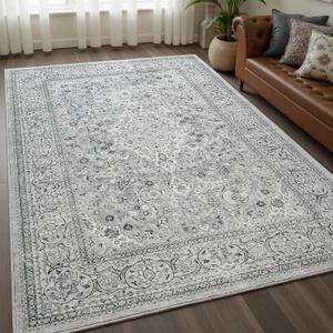 Washable Rug 4x6, Gray Area Rugs Non Slip, Indoor Low Pile Carpet with Rubber Backing for Living Room Kitchen Bathroom Entryway Office Bedroom (Grey)