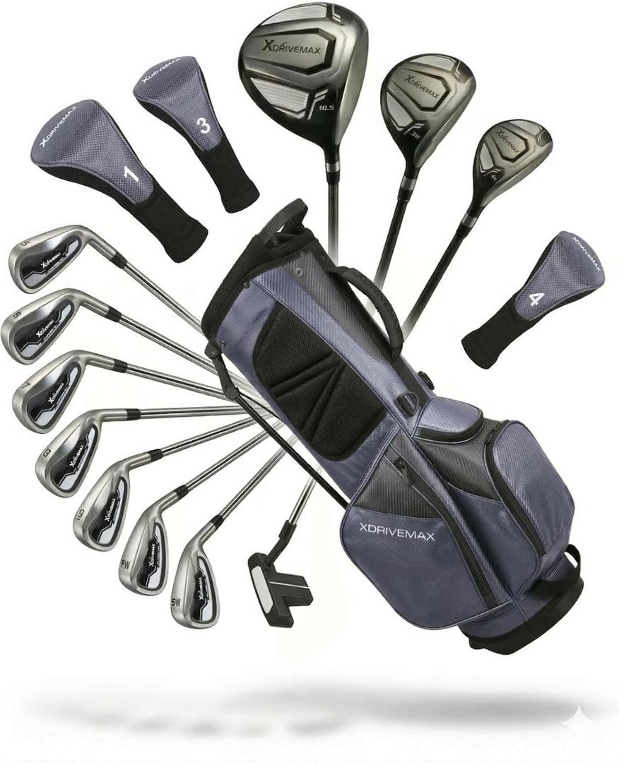 XDriveMax 15-Piece Men's Right Handed Complete Golf Club Set - Forged Titanium 10.5° Driver, #3 Fairway, #4 Hybrid, 5-SW Stainless Steel Irons, Putter and Lightweight Stand Bag - Right,Grey