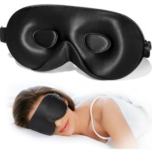 LitBear 100% 22 Momme Mulberry Silk Sleep Mask - 3D Contoured Eye Mask for Men & Women, Soft Breathable Sleeping Mask with Adjustable Strap, Perfect Blocks Light for Sleeping (Black)