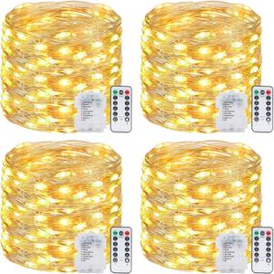 4 Pack Fairy Lights Battery Operated with Remote, Total 480LED 156Ft Battery Powered String Lights with Timer, 8 Modes Waterproof Twinkle Christmas Lights for Bedroom Party Indoor Mason, Warm White