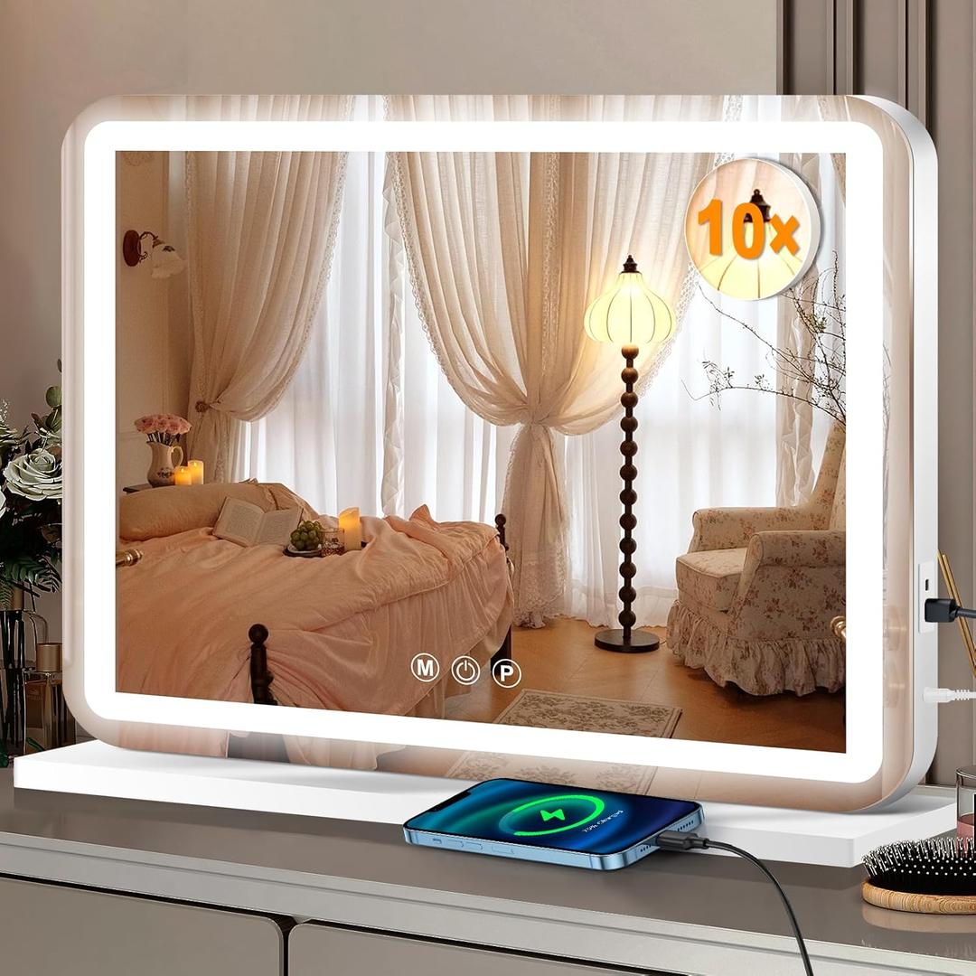 23" x 18" Vanity Mirror with Lights, Led Makeup Mirror, Lighted Makeup Mirror with 3 Color Dimmable Lights, Smart Touch Screen Control, Aluminum Metal Frame,USB Charging Port (White)