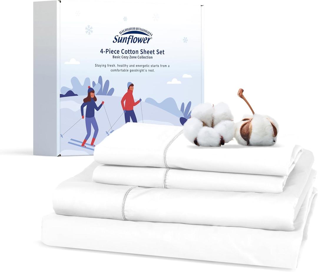 sunflower Cotton Queen Sheet Set - Queen Size Sheet Deep Pocket Up to 16 inches, White Queen Sheet Set, 4-Piece Luxury Hotel Quality Sheet with Silver Trimmed Design