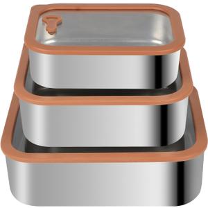 3pcs Stainless Steel Food Storage Container Set With Lids - Easy Clean, Smell-Proof, Airtight & Leakproof Containers - 3Sizes (21oz/42oz/70oz) - 304 Stainless Steel