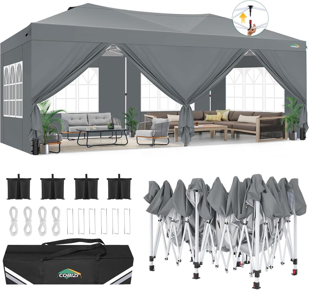COBIZI Canopy 10x20 Pop Up Canopy Tent with 6 Sidewalls, One Push Party Tents for Parties Outdoor Wedding Waterproof Gazebo Commercial Event Tent with Sandbags, Grey
