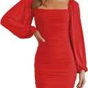 MEROKEETY Women Square Neck Lantern Long Sleeve Mesh Ruched Bodycon Clubwear Mini Dress M