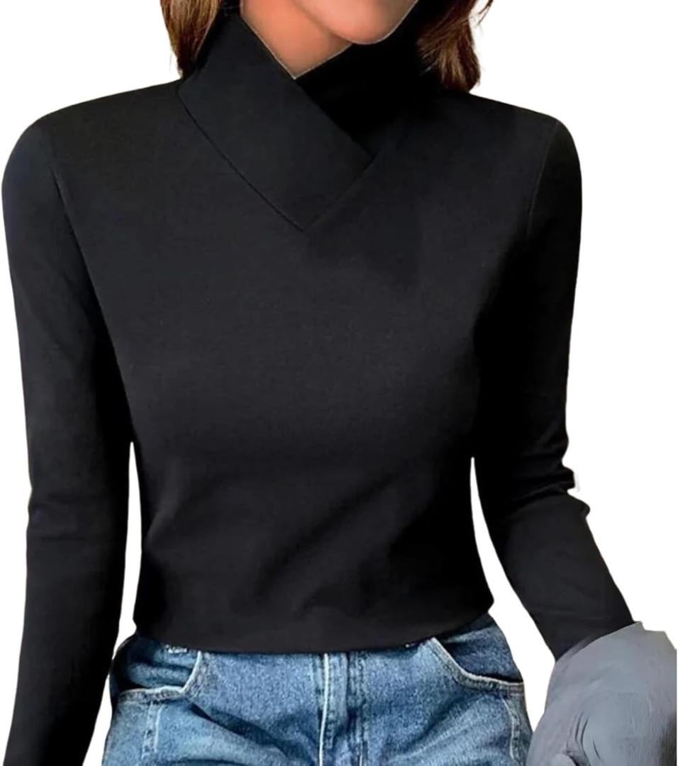 XNC Women's Fall Winter Long Sleeve Turtleneck Brown Plain T Shirts High Stretch Mock Neck Warm Underwear Pullover Fit Tees (Large, Black)