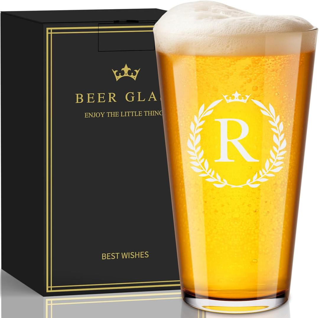 Personalized Beer Glasses Gifts for Men, 16 oz Pint Glasses Monogrammed A-Z Drinking Glass Cups Customized Gift, Unique Christmas Anniversary Birthday Gifts for Men Him Dad Brother Husband Grandpa (R)