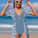 KANGKANG Girls Swimsuit, Solid Color Girl One Piece Swimsuits with Tropical Print Drawstring Cover Up Bathing Suits Set 9-16Y