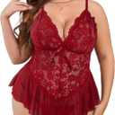 Avidlove Plus Size Lingerie for Women Lace Bodysuit One Piece Teddy Babydoll Mesh Chemise V Neck Sleepwear L-5XL (Dark Red)