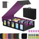 Collectible Trading Card Cases with Portable Handle, with 48 Colorful Divider Tabs&5 card supporters,5 card holders, one bag,PU Leather Commander Card Deck CaseforMTG Game Cards (5 Rows-Black&Purple)