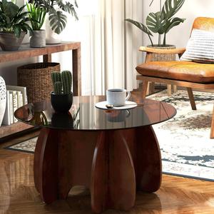 Round Glass Coffee Table - 30 Inch Diameter Brown Tempered Top with Walnut Solid Wood Legs - Modern Mid Century Center Trestle for Living Room Small Spaces and Minimalist Home Decor Furniture