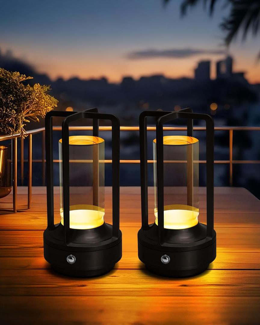 Set of 2 Cordless Table Lamps, LED Rechargeable Battery Operated Desk Lamps with 3 Color Stepless Dimmable, Small Light Portable for Outdoor Patio Bar Restaurants Bedroom Bedside (Black)