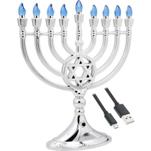 The Dreidel Company Traditional LED Electric Silver Metallic Hanukkah Menorah -Full Size 13 Inches High 3 AA Battery or USB Powered - Includes a Micro USB 4' Charging Cable