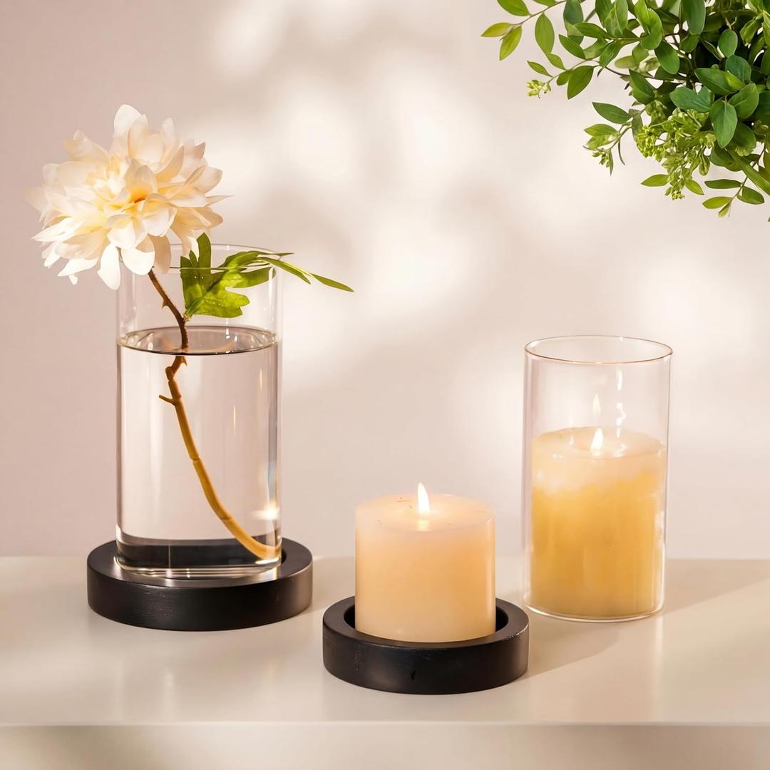 NUPTIO Wooden Candle Holders Pillar: Black Candle Tray with Round Hurricane Glass Vase - Set of 2 Cylinder Floating Candleholder for Home Halloween Thanksgiving Seasonal Decor