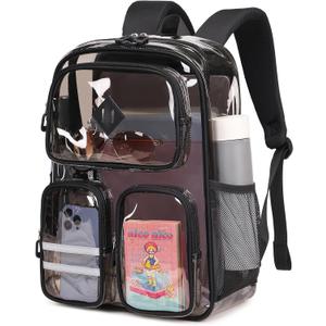 Clear Backpacks for School Heavy Duty Clear Bookbag Stadium Events Transparent Back Pack Girls Boys, Black Semitransparent