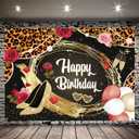 Meltelot Gold High Heels Happy Birthday Backdrop for Lady Queen Women Birthday Party Decorations GlitterLeopard Print Bday Adult Women Girls Party Cake Table Banner Birthday Photo Studio Props 7x5ft