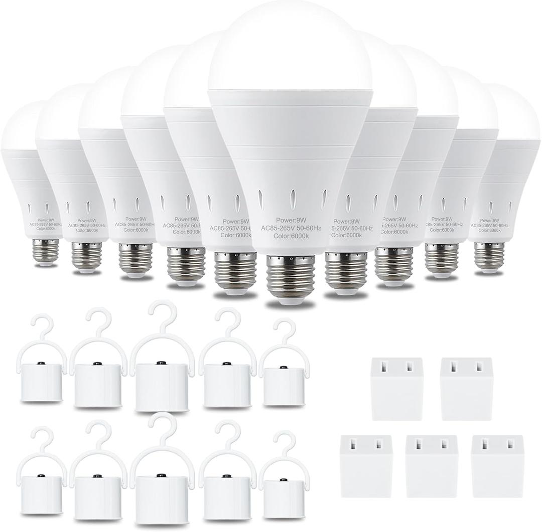 10 Pack Rechargeable Emergency Light Bulbs, Battery Powered Energy Efficient LED Light Bulb 6000K Daylight E26 120 Volt 9W 60W Equivalent with 1200mAh for Home Power Outage Camping Hurricane