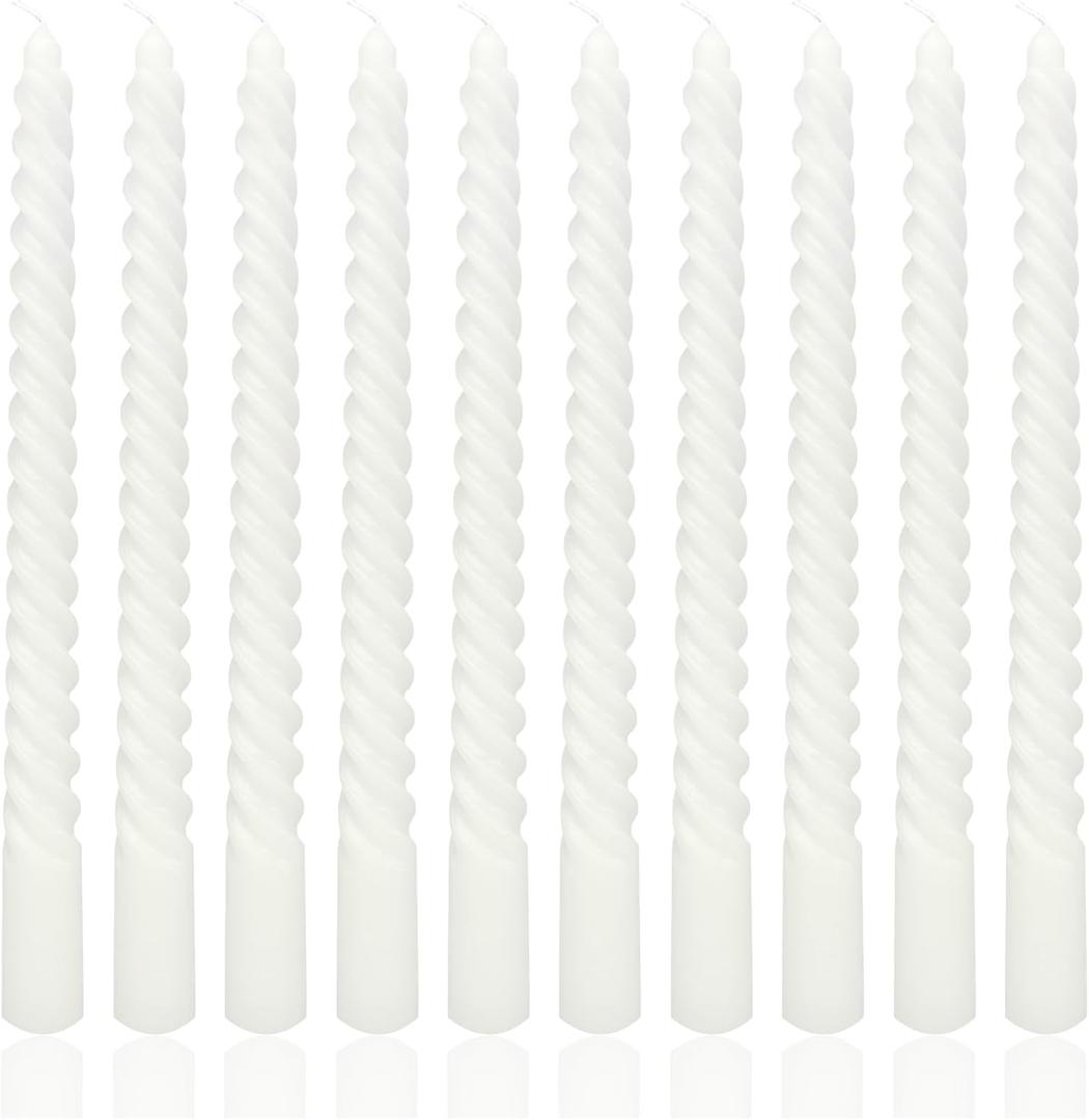 10 Inch White Spiral Taper Candle Set, 10 Pack Unscented Dripless Candlesticks for Dinner Party Brithday Wedding and Home Decoration