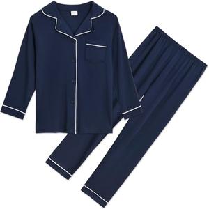 Aablexema Unisex Kids Pajamas Set Button-Down Long Sleeve Cotton Sleepwear Lounge Set(Navy,160/6-7y)