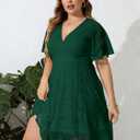 SCOMCHIC Women Plus Size Lace Cocktail Dresses Faux Wrap V Neck Short Sleeve Flowy A Line Wedding Guest Midi Dress Emerald Green (Green)