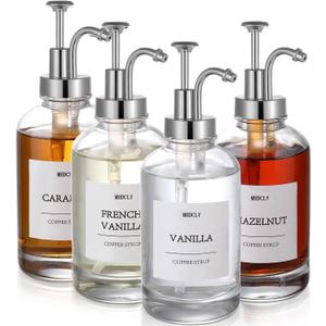 Coffee Bar Accessories,MHDCLY Coffee Syrup Dispenser - 4pack,16.9oz Syrup Dispenser with Labels Syrup Pump Dispenser for Coffee Bar(Silver pump)