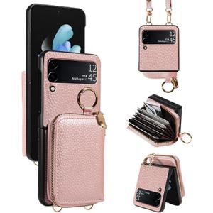 Wallet Case for Samsung Galaxy Z Flip 3 5G 2021 & Shoulder Strap Ring Buckle, PU Leather Zipper Flip Organ Purse, Credit Card Holder Stand Phone Cover for ZFlip3 Z3 Flip3 3Z Women Men Rose Gold
