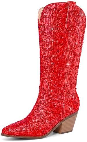 RONILURN Cowgirl Ankle Boots Cowboy Boots for Women Western Booties Rhinestone Chunky Heel Fashion Comfortable Side Zipper 8.5