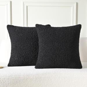 FUTEI Black Throw Pillow Covers 26x26 Inch Set of 2,Furry Faux Fur Teddy Boucle Textured Cushion Covers,Soft Fluffy Decorative Euro Pillow Shams,Home Decor for Couch Bed Living Room Office Car
