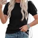 PRETTYGARDEN Women's Sweaters Spring 2026 Summer Puff Short Sleeve Sweater Trendy Cute Knit Work Blouses Business Casual Tops (Black, L)