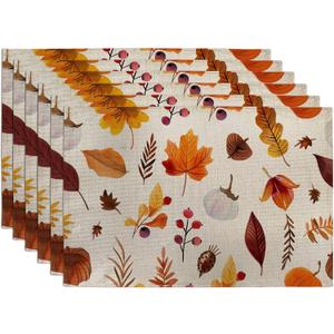 Autumn Leaves Placemats, Orange Botanical Place mats for Dining Table, Non-Slip Washable Indoor Outdoor Celebration Decorative Placemat Set of 6 (18x12 Inch (6PCS))