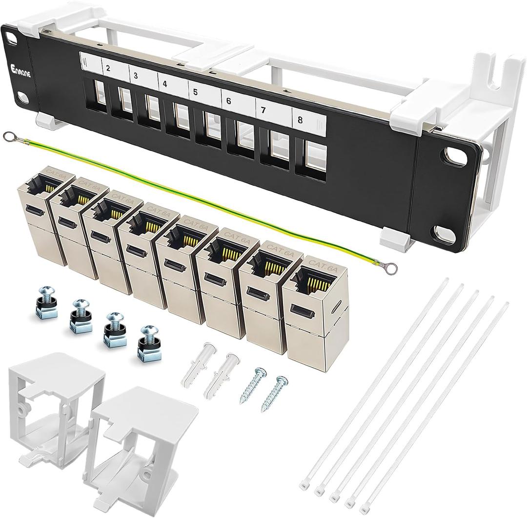 8 Port Patch Panel Keystone Coupler CAT6A Shielded (EC Listed) Wall Mount 10 Inch with 89D Bracket Ethernet Patch Panel (CAT6A)