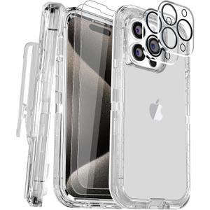 for iPhone 15 Pro Case 6.1" with Belt Clip Kickstand, 2 Camera Lens Protector & 2 Screen Protector, Heavy Duty Full Protection Phone Case(Belt Clip,Crystal Clear)